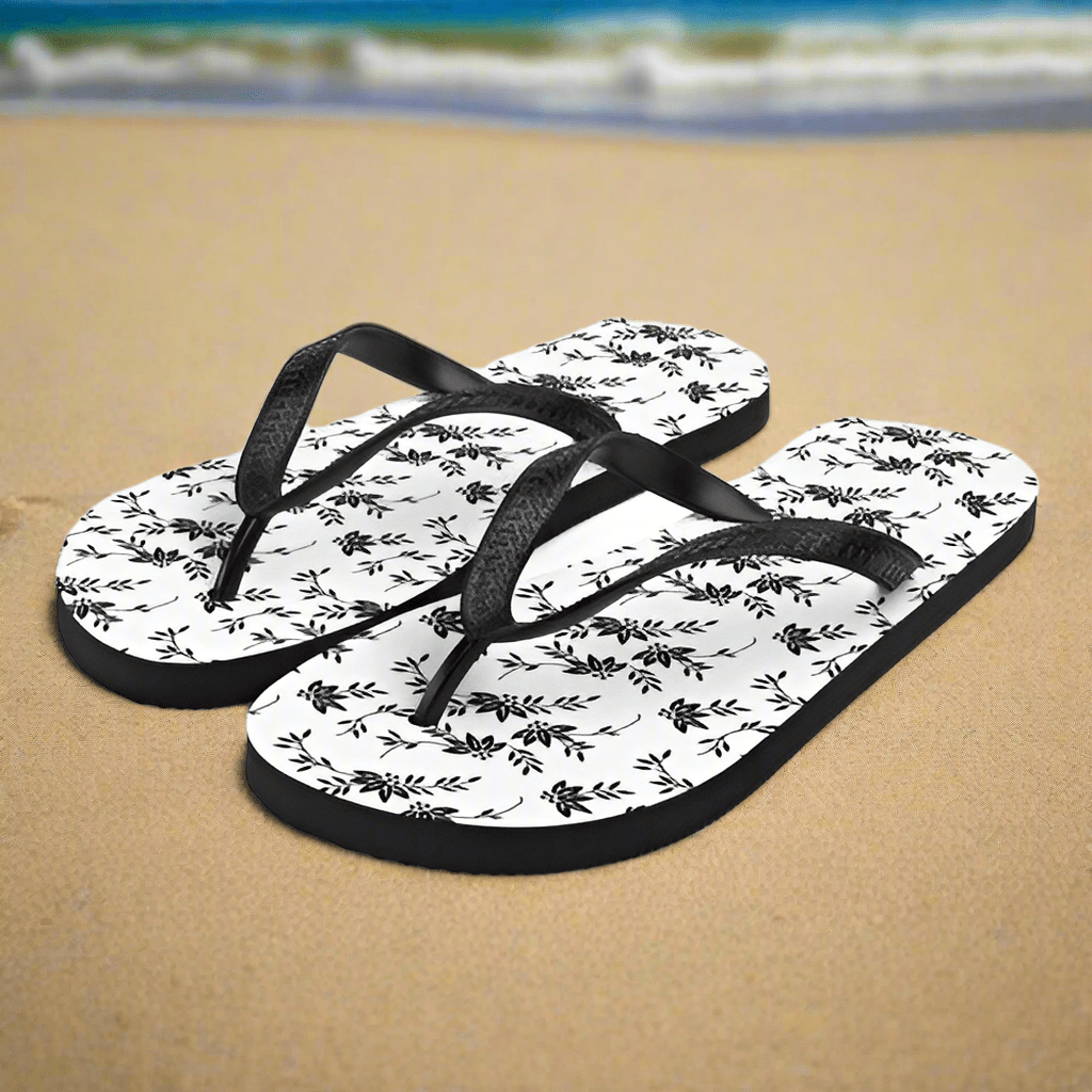 Black and White Floral Flip - Flops - AroundTheWineCooler